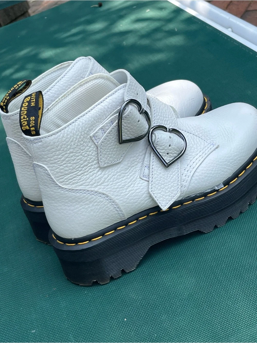 DR MARTENS “ DEVON HEART” White Heart-Buckle Platform Ankle Boots, Womens  8